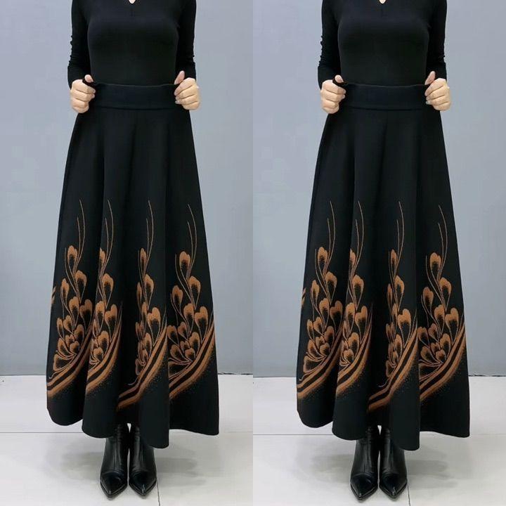 Ethnic Style Women's Knitted Skirt, Thick Printed Flared High-Waist Long Knitted A-Line Skirt
