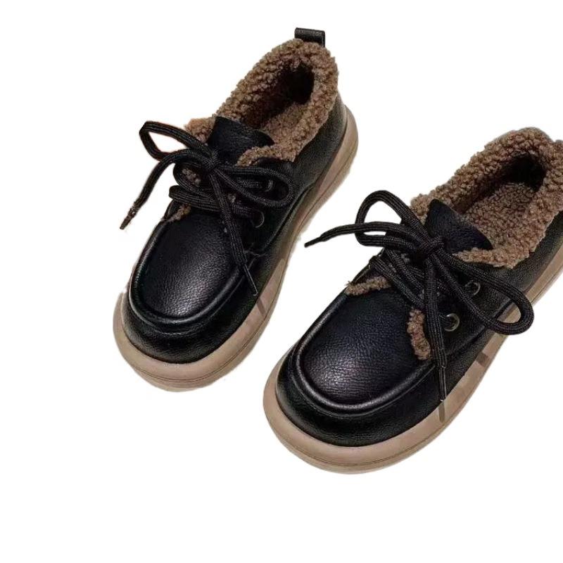 Soft-soled velvet women's new autumn and winter small leather shoes fluffy shoes warm lace-up cotton shoes