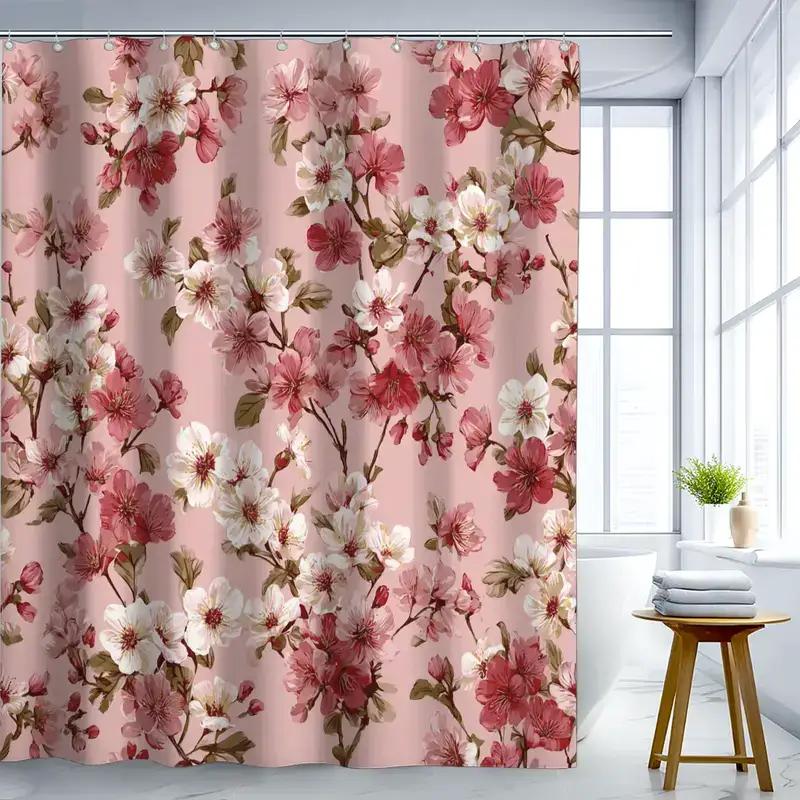 Pink Cherry Blossom Shower Curtain Waterproof Easy To Clean Privacy Protection Print Floral Art Design Romantic Bathroom Decor