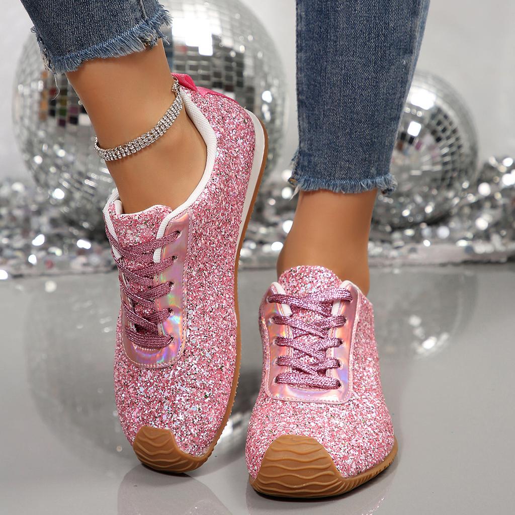 Large size flat-bottomed casual sports shoes women's new European and American sequined lace-up shoes