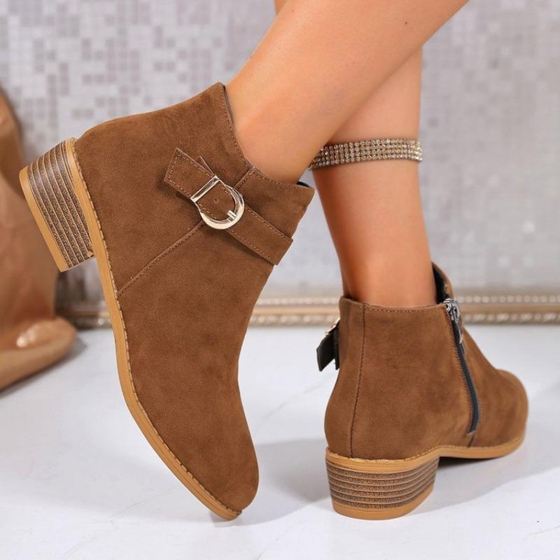 Large Size Pointed Square Heel Chelsea Boots Autumn New Metal Buckle Belt Suede Outer Women's Boots