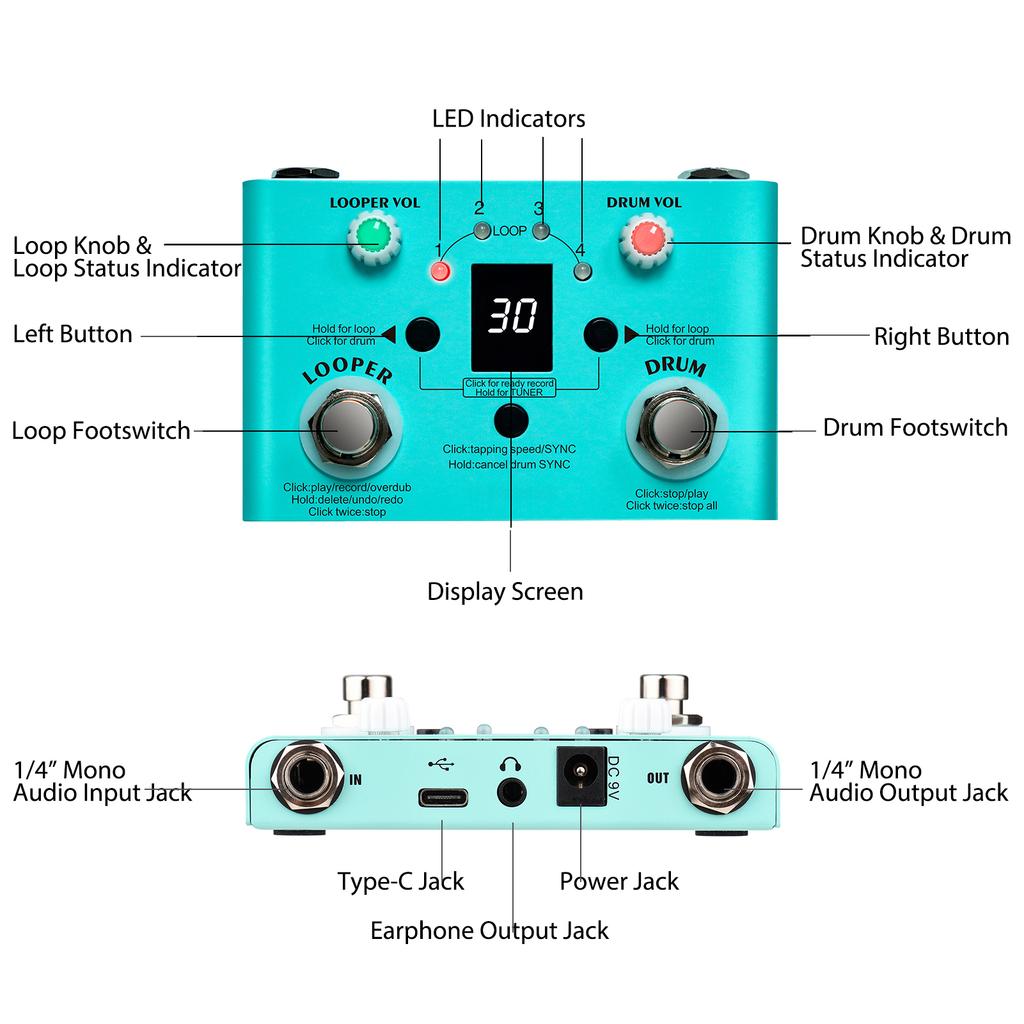 M VAVE LOST TEMPO Effect Pedal Drum & Looper Effector Mini 2 in 1 Looper & Drum Machine Double Footswitch Looper Pedal