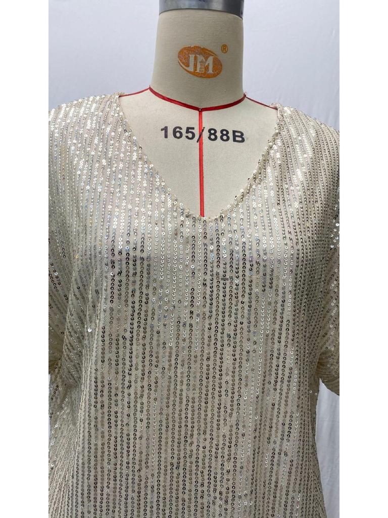 2025 Damski Miejski Casualowy T-shirt z Dekoltem V, Z Cekinami, Luźny Krój, Krótki Rękaw