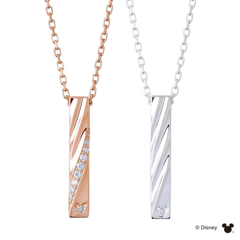 THE KISS Disney Hidden Mickey Diamond Silver Pair Necklace DI-SN514DM-517DM - Pink & Silver Twisted Bar Top for Couples, Gift Box