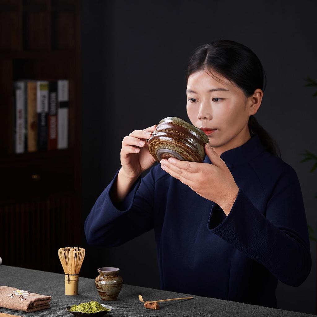 POKALOTEA Matcha Tea Set, 9-Piece Set, Tea Utensils, Matcha Bowl, Chasen, Chashaku, Chakasa, Matcha Sieve, Cotton Tea Cloth, Tea Caddy,