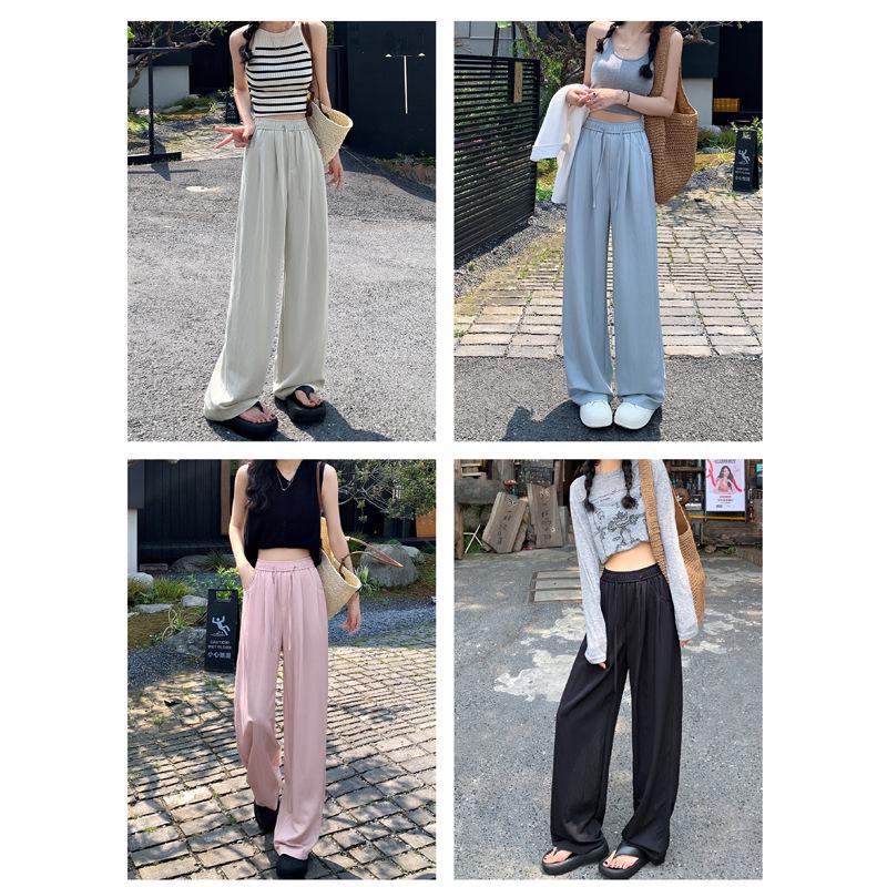Women's Ice Silk High Waist Tencel Cotton Wide-Leg Pants - Summer Pink, Loose Fit