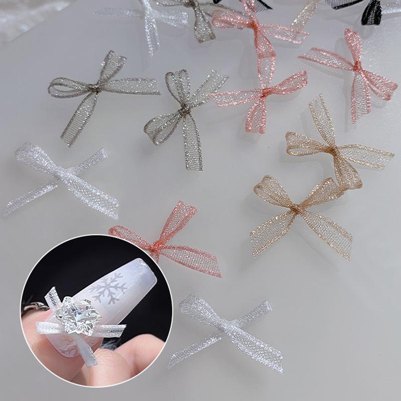 10Pcs Organza Ribbon Bow Nail Charms 3D Decoration Bows Knot  Korean Nail Parts Manicure Jewelry Kawaii Accessories