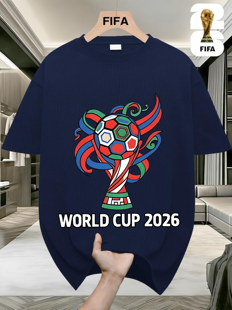 FIFA. World Cup Football.Men's Short-sleeved T-shirt with a US-Canada-Mexico Themed Print, Crew Neck Style for Men and Women, Perfect for Holiday Wear