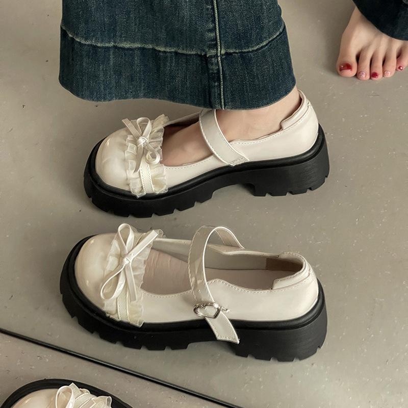 Japanese cute bow with lace platform small leather shoes women's 2025 summer new versatile Mary Jane single shoes
