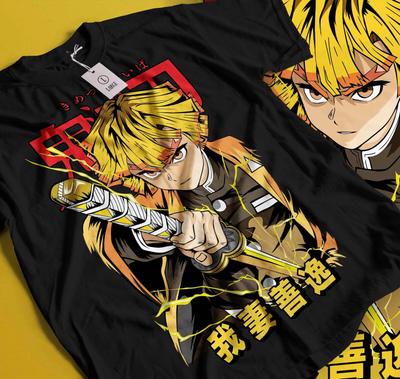 MENS WOMENS Agatsuma Zenitsu Shirt Demon Slayer Kimetsu No Yaiba Anime Black Shirt Gift 435