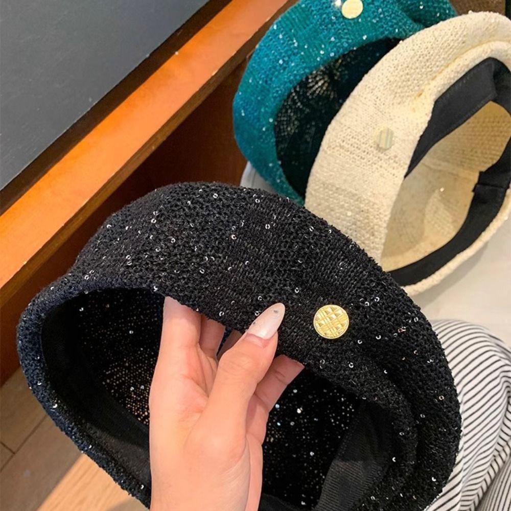 Hollowed Out Weave Hat Paillette Crochet Knitted Cap Elegant Sequin Beret Hat  Women