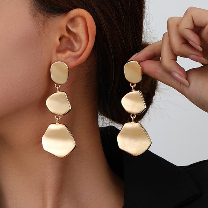 Vintage Irregular Smooth Metal Pendant Earrings for Women Fashion Gold Color Three-Layer Geometric Circular Earrings Zircon