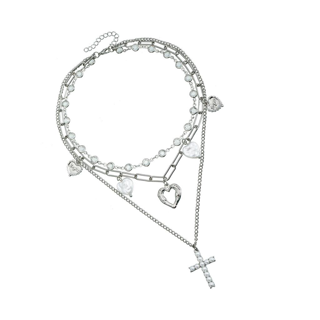 Y2K Retro Cross and Heart Charm Necklace Trendy Collarbone Chain Alloy Neck Jewelry for Women Cool Girls