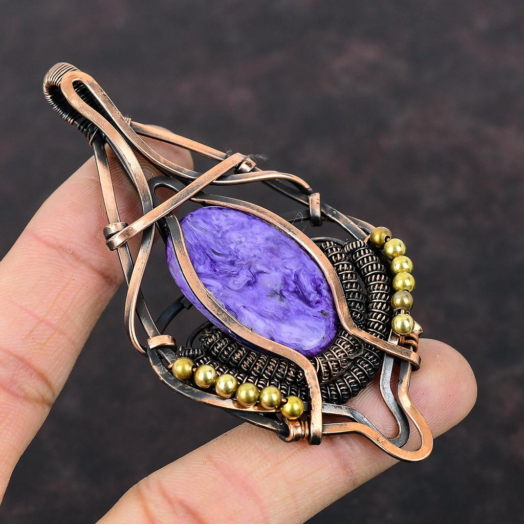 Charoite Pendant Copper Wire Wrapped Gemstone Jewelry Handmade Pendant Copper Wire Wrap Pendant Stylish Pendant Antique Jewelry Gift For Mom