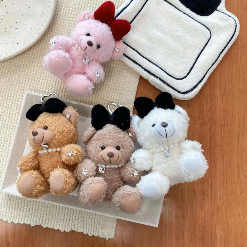 Soft Plush Bear Hanging Ornament Fashionable Soft Bear Keychain with Bowknot Plush Key Accessory for Stylish Bags