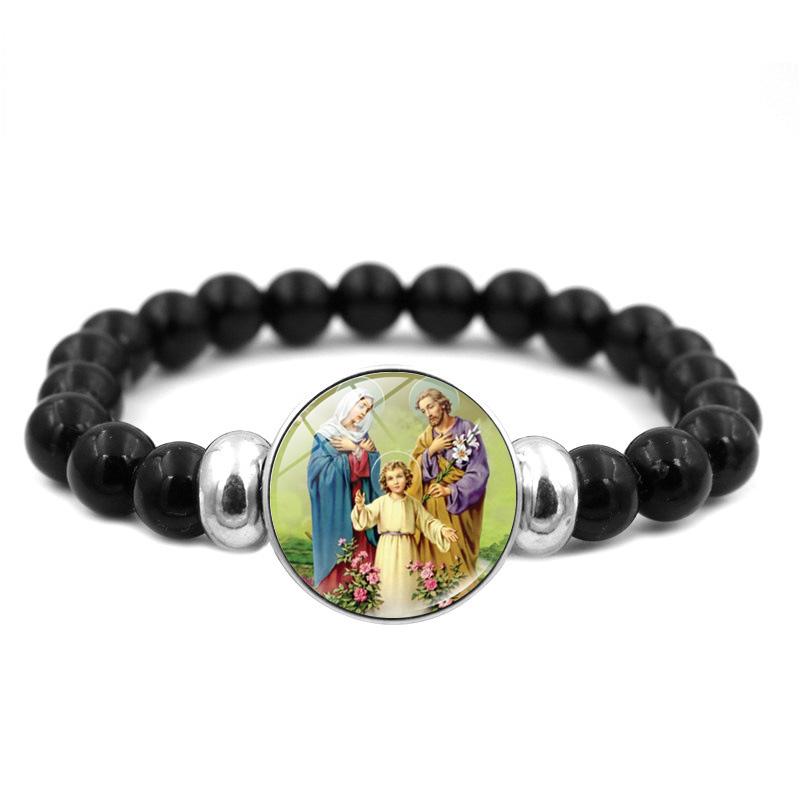 Christliches Jesus-Armband mit schwarzen Perlen, elastischer Schmuck, Jungfrau Maria, Glas-Druckknopf-Armbänder für Männer und Frauen, katholische Geschenke