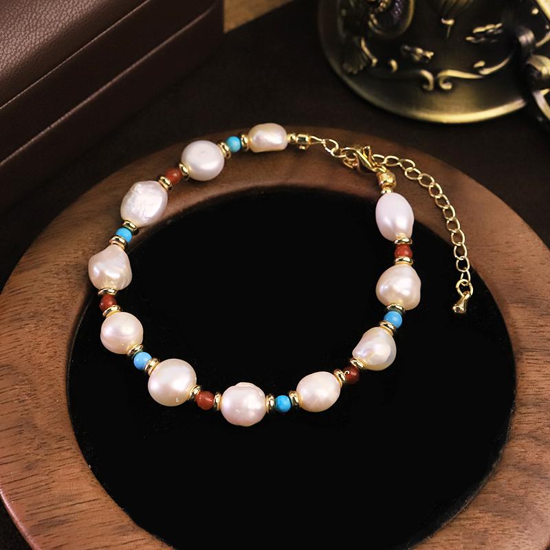 Natural Freshwater Pearl Turquoise Agate Beaded Bracelet for Women Daily Office Banquet Vintage Pearl Bracelet Bohemian Jewelry