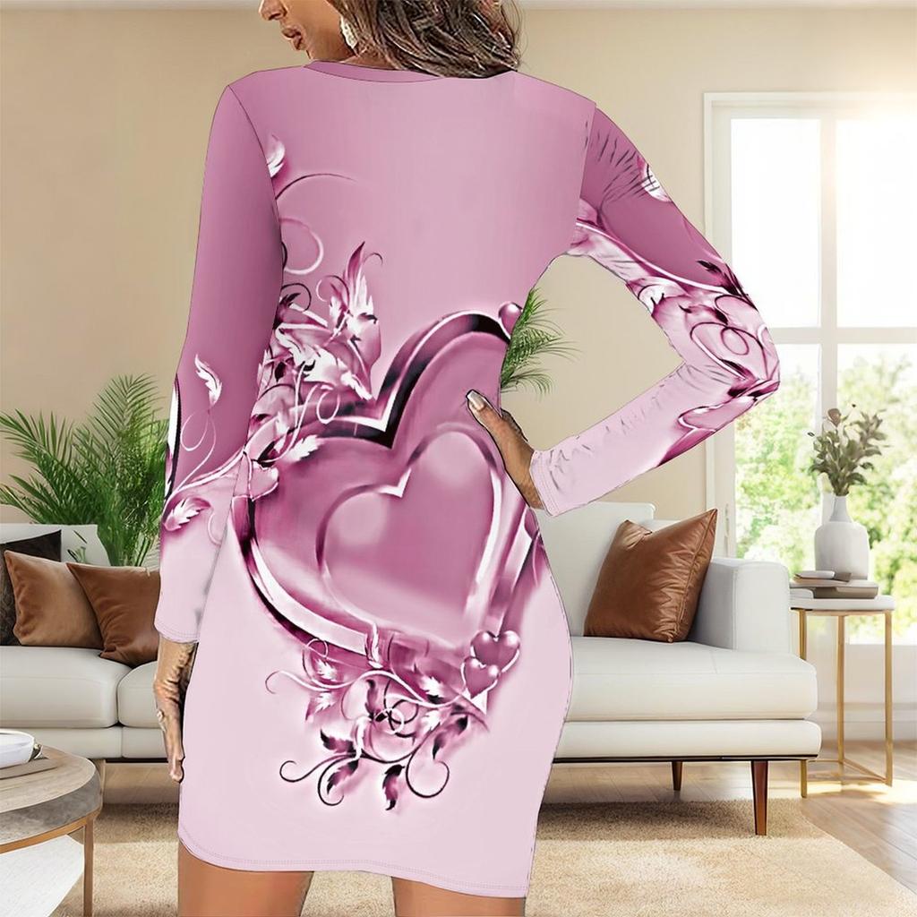 Nova Moda Feminina Outono e Inverno 2025 Vestido Longo de Manga Comprida com Gola Redonda e Estampa e Tingimento com Padrão de Amor 3D Edição Limitada Dia dos Namorados