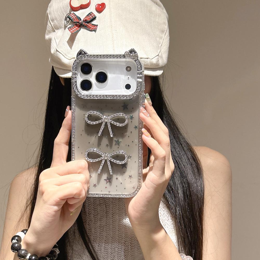 KEYSION Cute 3D Cat Ear Transparent Phone Case for iPhone 14 15 Pro Max 14 15 Plus Glitter Jewelled Bowknot Shockproof Back Cover