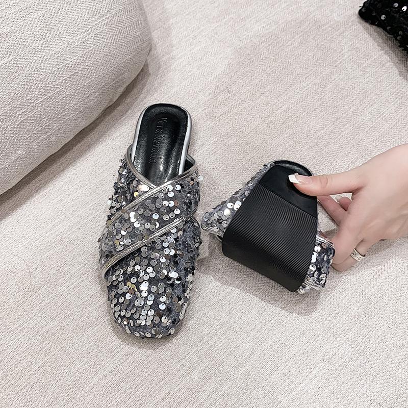 Fashion Fashion square head sequin cloth slippers spring new Bao head deep mouth soft sole anti-slip wear-resistant flat shoes