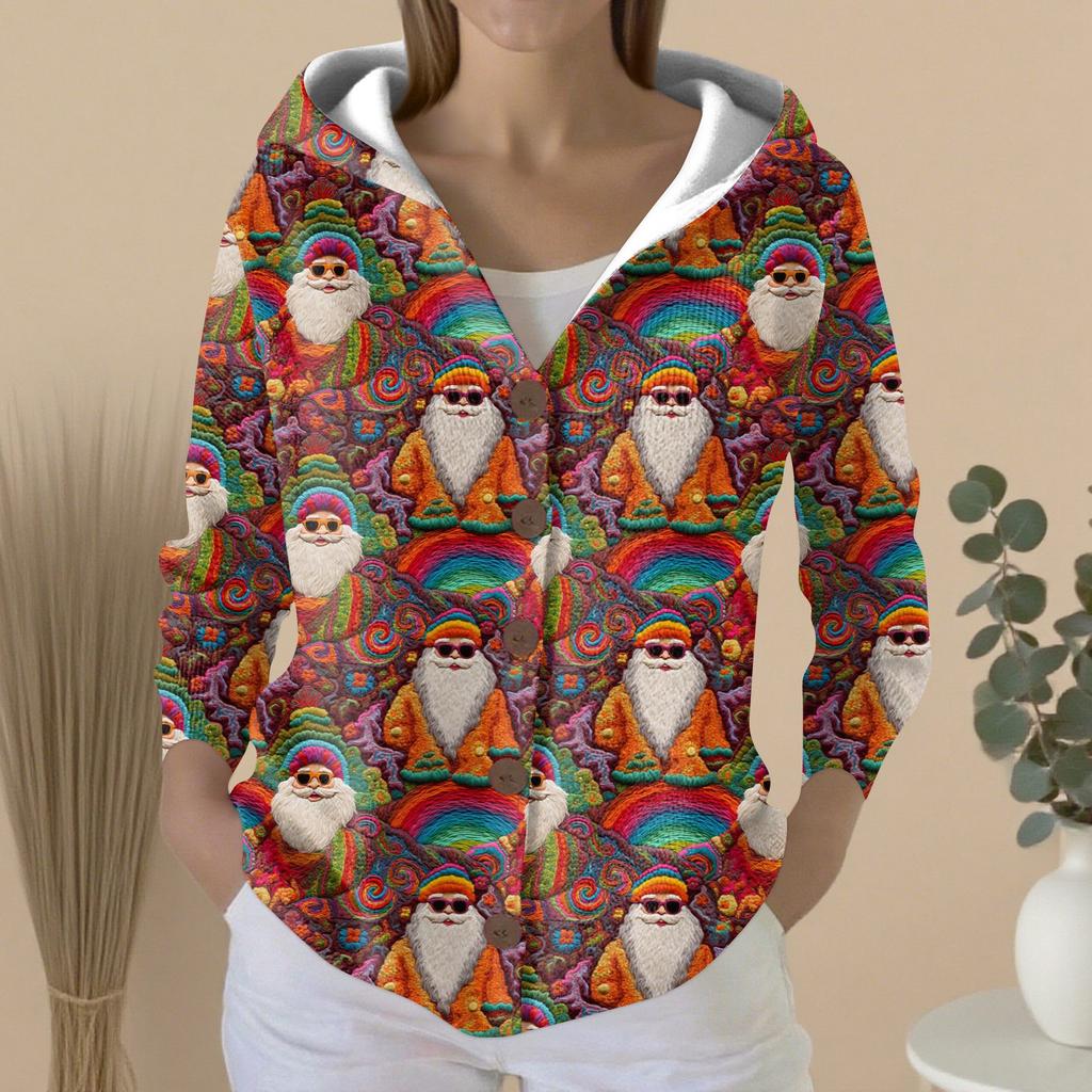 Women's Fashion Casual Sweater Button-Up Print Cardigan  Hooded Jacket