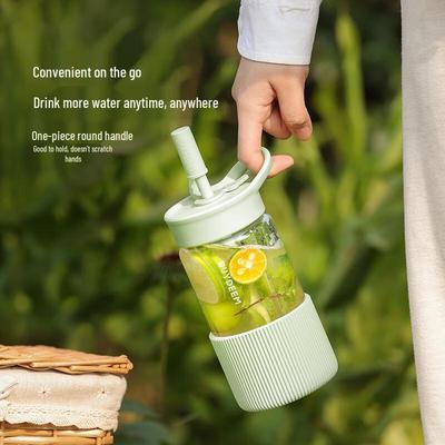 Buydeem Portable Glass Water Bottle with Straw