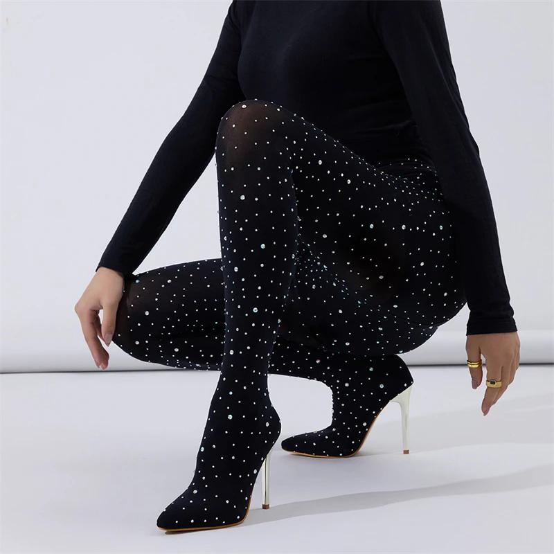 Eilyken Seksowny Design Kryształowe Przytulne Elastyczne Kozaki za Kolano Kobiety Cienkie Obcasy Buty do Tańca na Rurze Spodnie Długie Botki