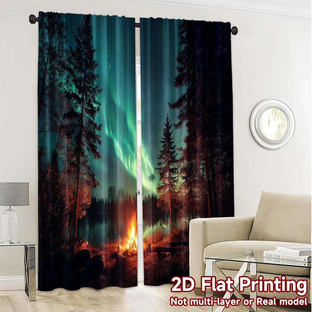 2pcs, 2D FLAT PRINTING Curtains (Without Rod) Aurora Campfire Popular Curtains&Window Treatment Fabric Curtains Holiday for