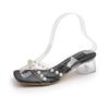 Pearl Flower Women Slippers Design Style Square Toe Crystal Round Heels Shoes Summer Slides Zapatos De Mujer