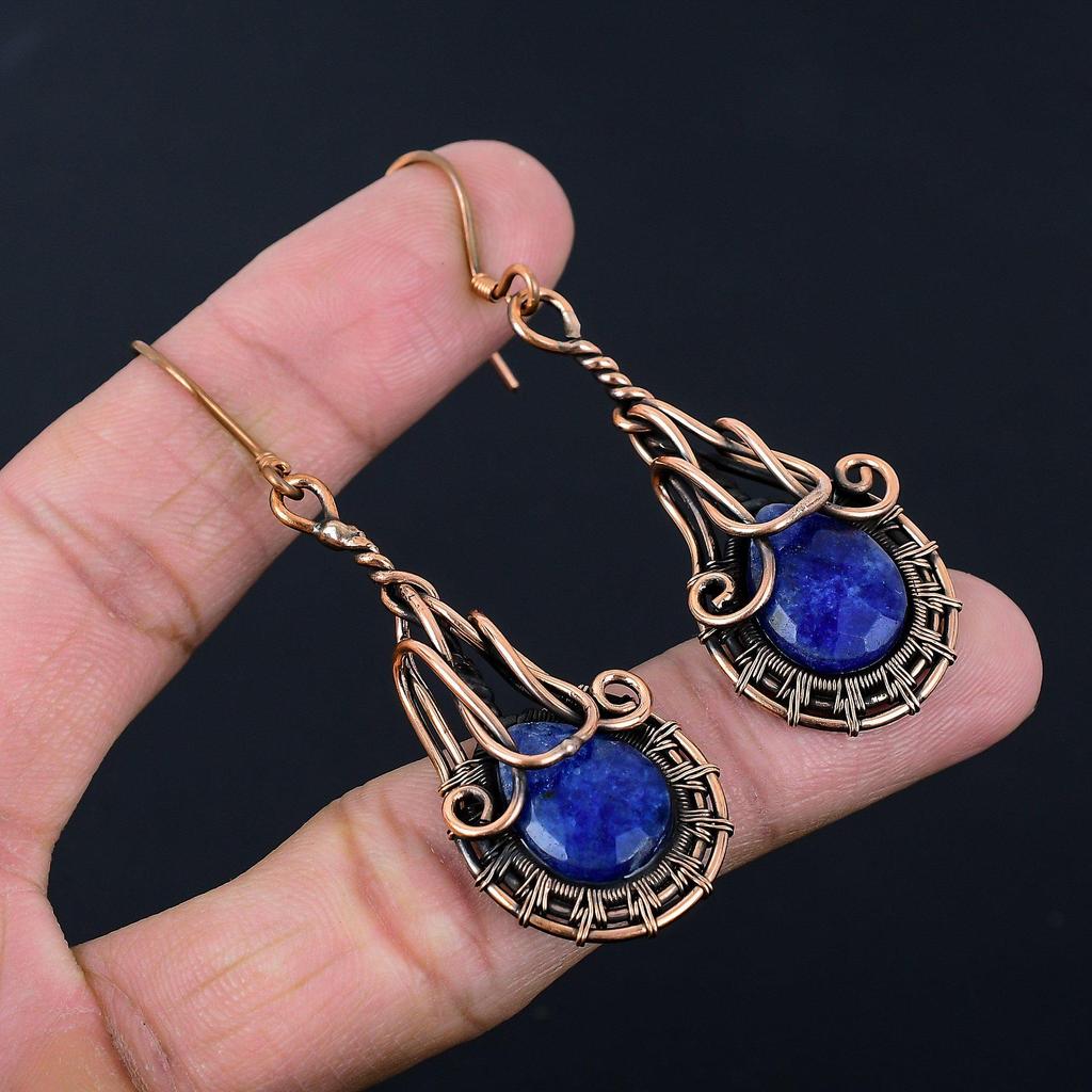 Blauer Saphir Laborgezüchteter Edelstein Handgefertigt Reiner Kupferdrahtwicklung Schmuckanhänger