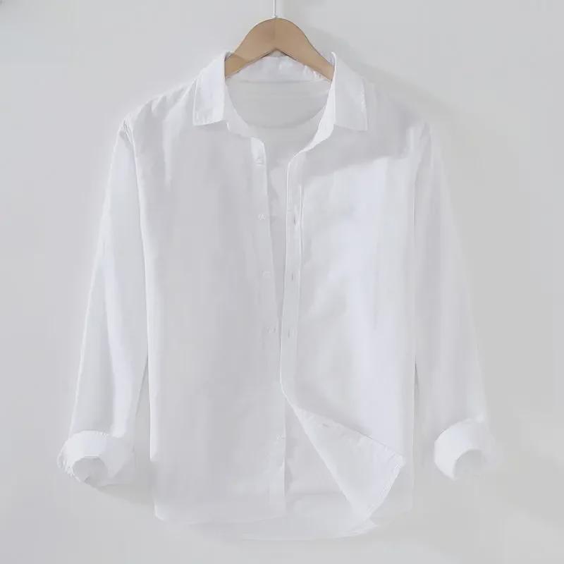 Men's Loose-Fit Long-Sleeve White Linen Shirt – Spring/Fall Japanese Casual Fashion