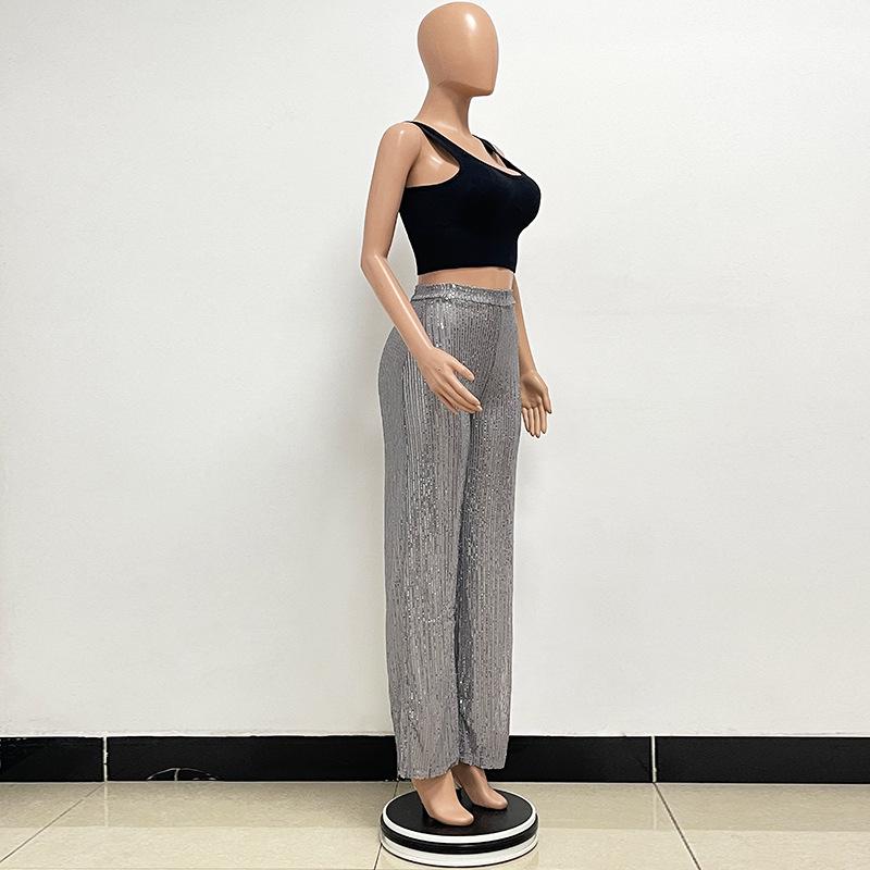 Pantalones de Lentejuelas de Cintura Alta y Pierna Ancha para Mujer 2025 - Moda Europea y Americana