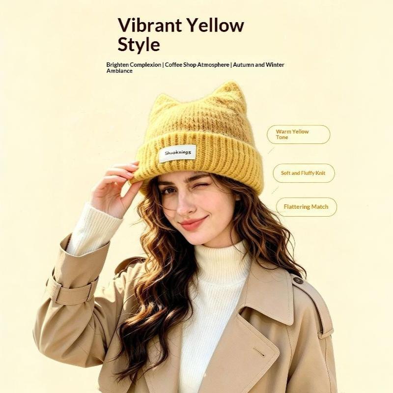 Fuzzy Knit Cat-Ear Beanie Warm Plush Lined Thermal Winter Hat for Women Casual Street Wear Outdoor Daily Use
