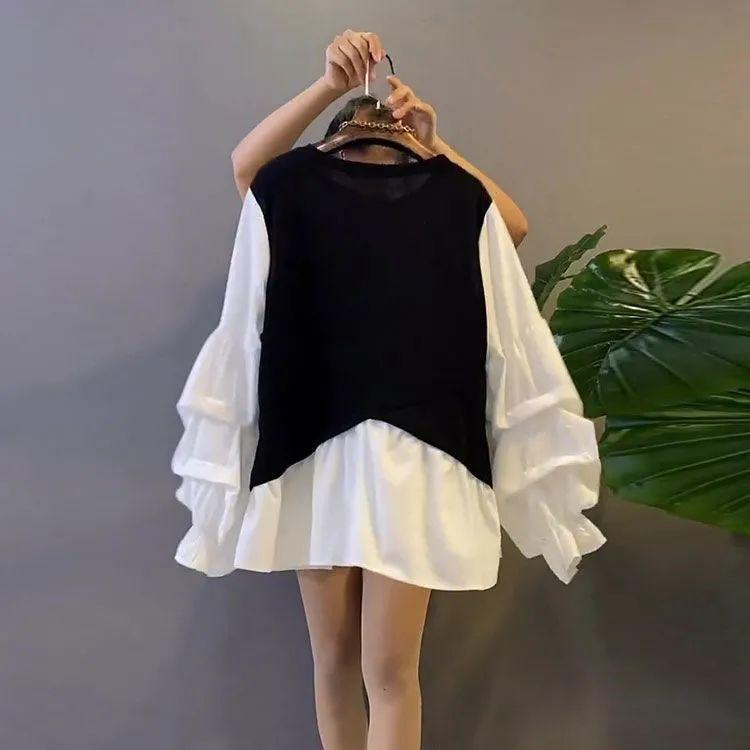 Women's Patchwork Fake Two Piece Spring Chubby Sister Irregular Bubble Sleeves Niche Shirt Hoodie