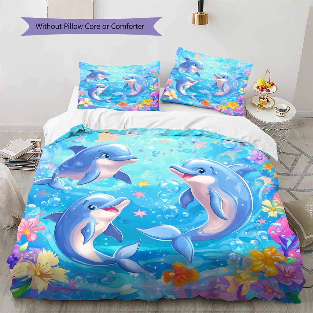 Kreslené Barevné Delfíní Vzor Povlečení Domácí Dekorace Narozeninový Dárek (1 * povlak na peřinu + 2 * povlak na polštář, bez jádra)