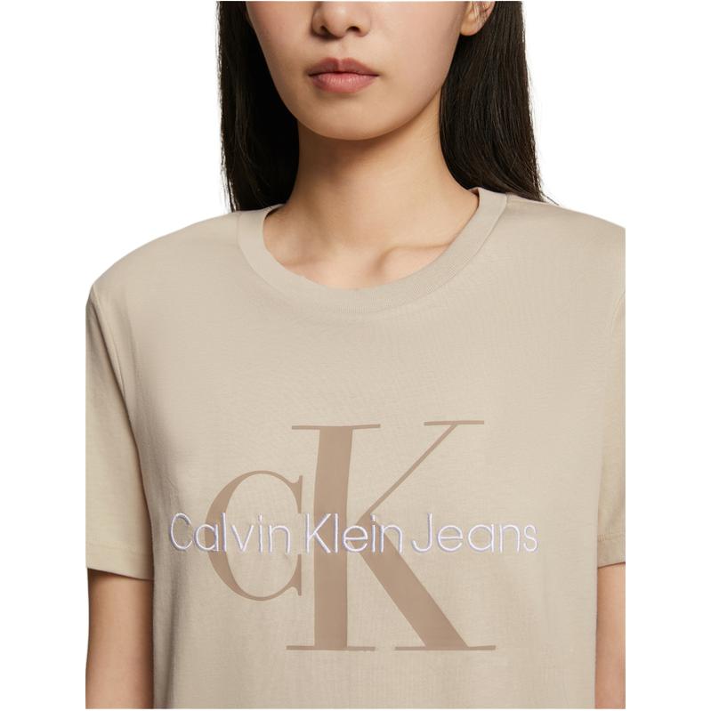 Calvin Klein Fashion Overprint Letter Pure Cotton Breathable Round Neck Short Sleeve T-Shirt Women Tops Beige J218885-ACI