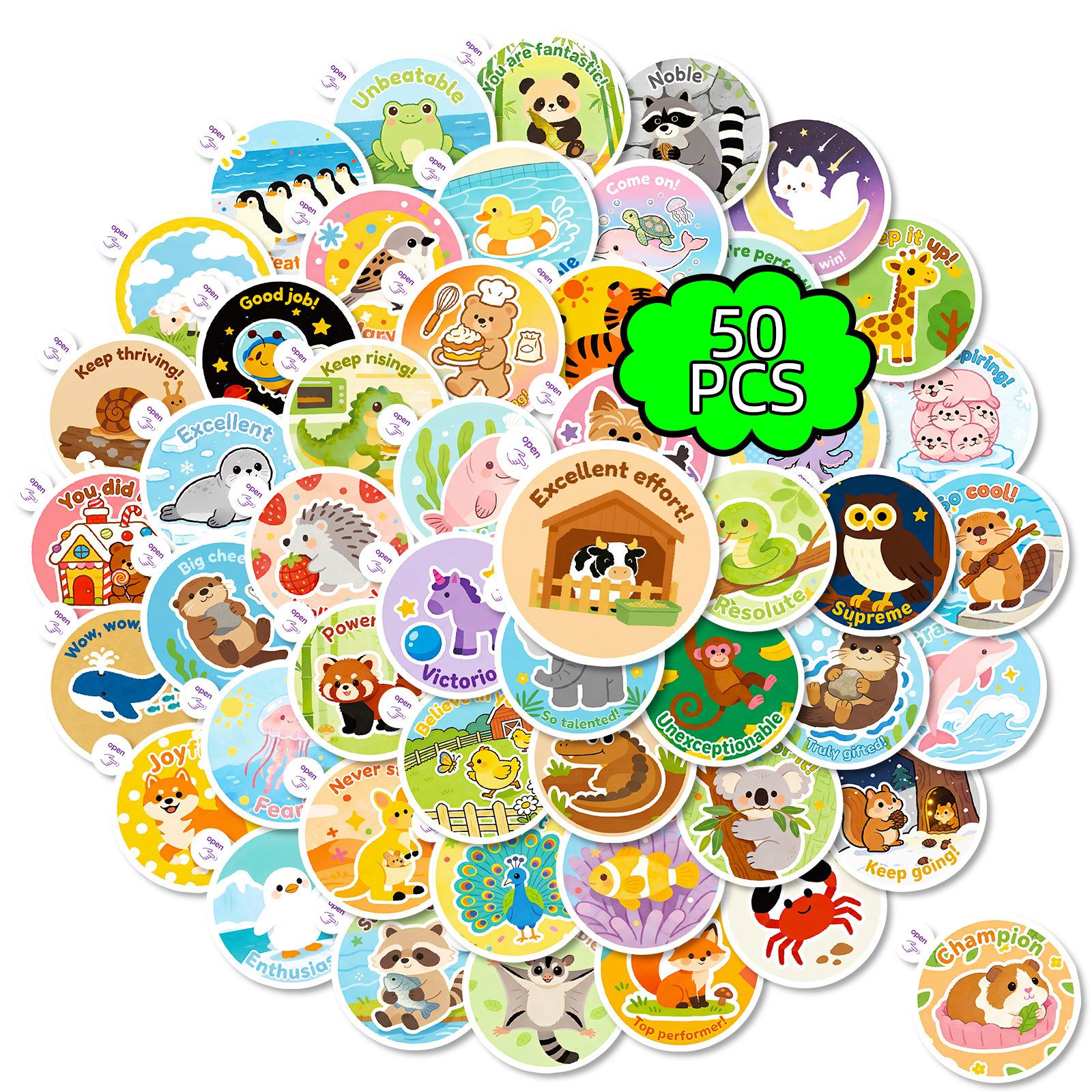 

50 Cartoon Animal Reward Stickers With Small Handles, Cute Animals With Compliments, Parent-Child Rewards, Hand Account Material Stickers
