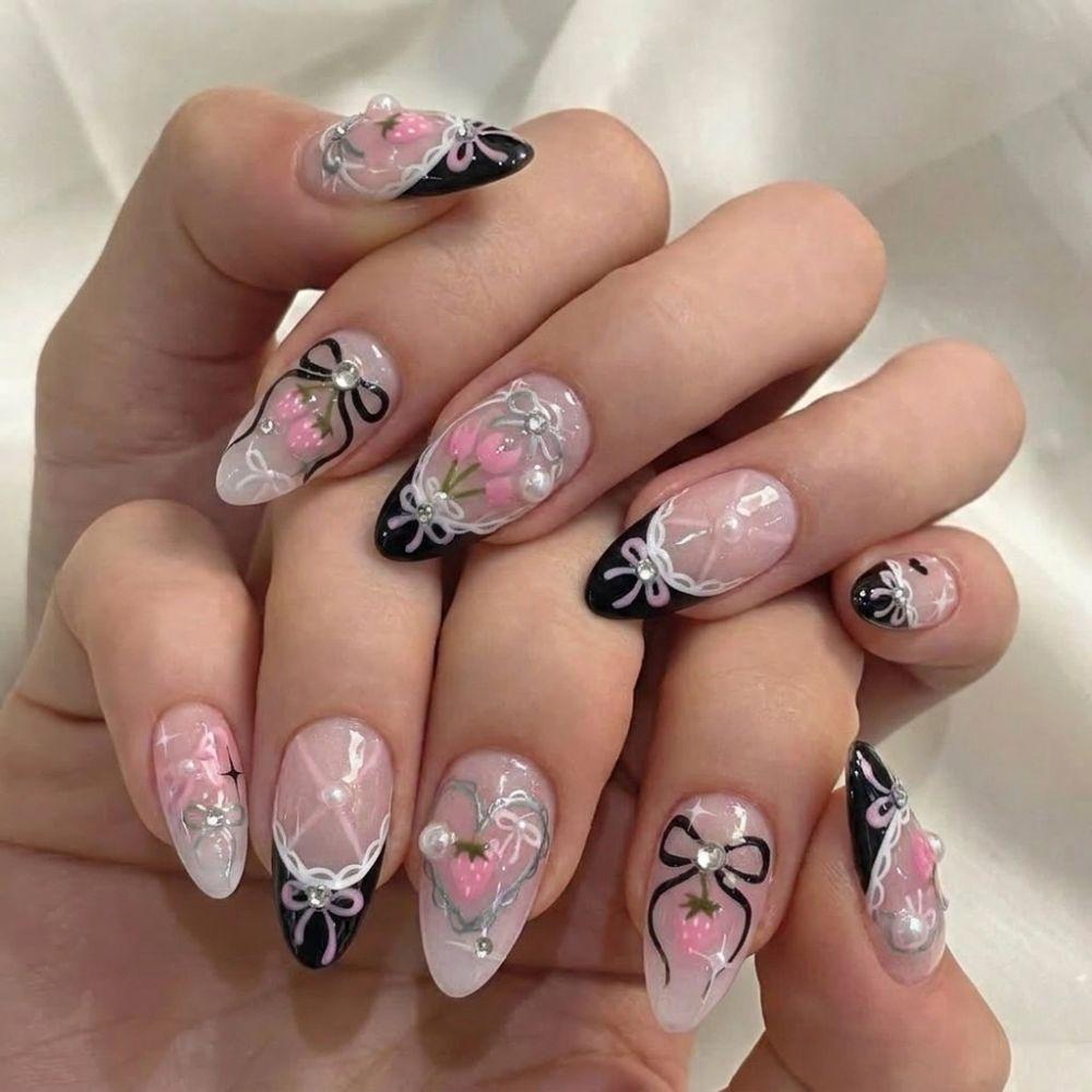 30 Tablets/Box Almond-shaped Press-on Nails Bow Design Artificial Nail Tips Women and Girls