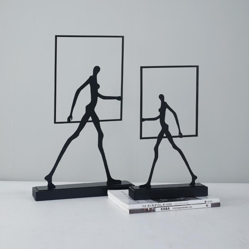 Home Decor Statues Metal Handicraft Abstract Wrought Iron Figures Square Frame Walking People Portrait Cropping Figurines Decor