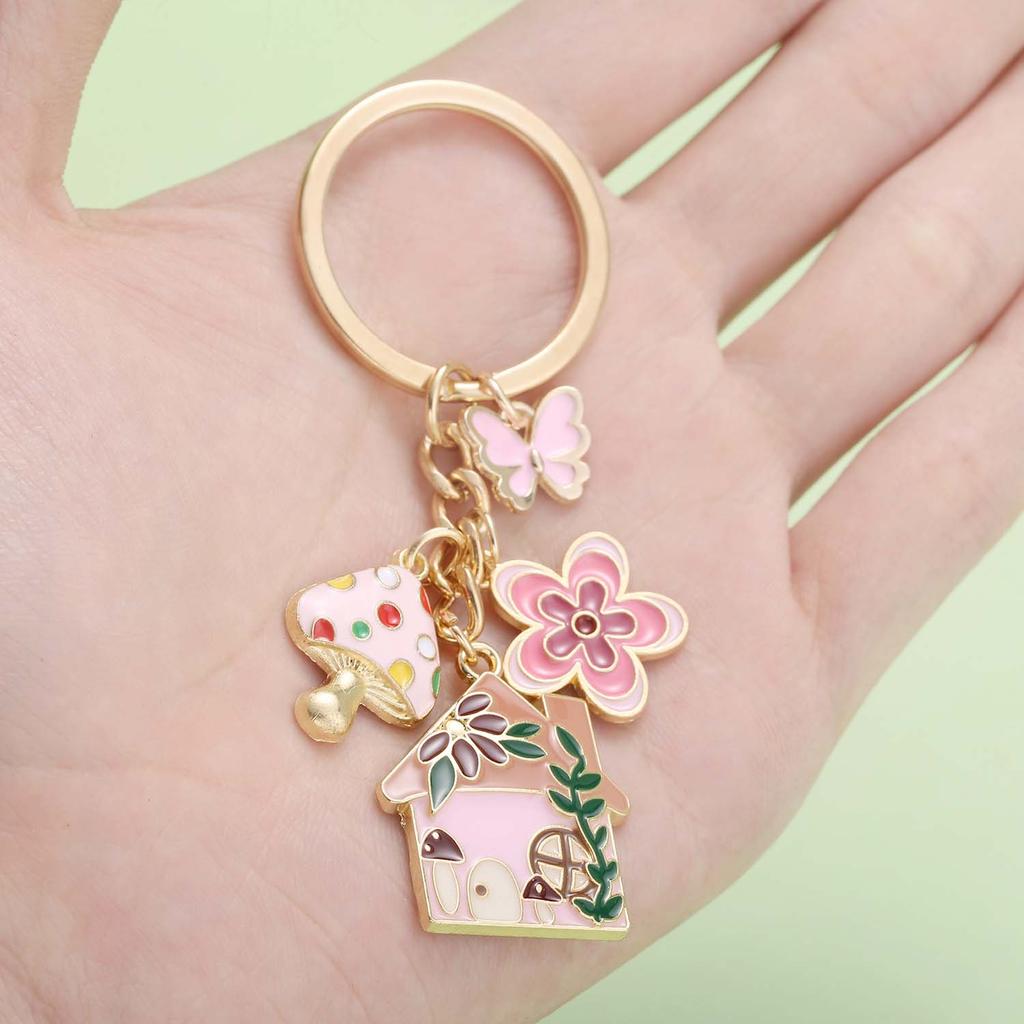 1pc Colorful Fairy Tale Keychain, Enamel Mushroom House Flower Butterfly Charms Key Ring, For Car Keys, Backpacks, Wallets