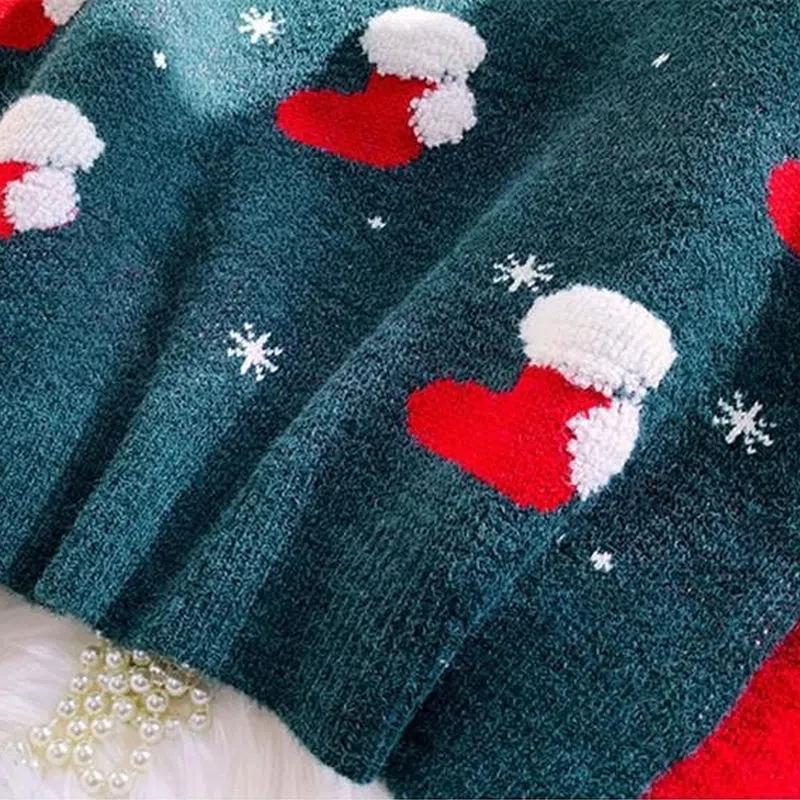 Schneeflocke Christma O-Ausschnitt Pullover Damenmode Langarm Herbst Winter Socken Print Strickpullover Chic Lady Jumper
