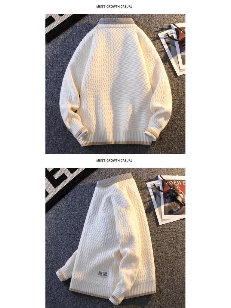 2024 Men's Autumn/Winter Loose Knit Sweater with Shirt Collar, Plus Velvet Two-Piece Look