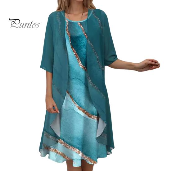 

2 шт./компл. женское пальто-платье комплект с цветочным принтом свободное пальто с половиной рукавов шифоновое платье без рукавов с нерегулярным подолом официальное мягкое платье миди длиной до колена 3XL небесно-голубой