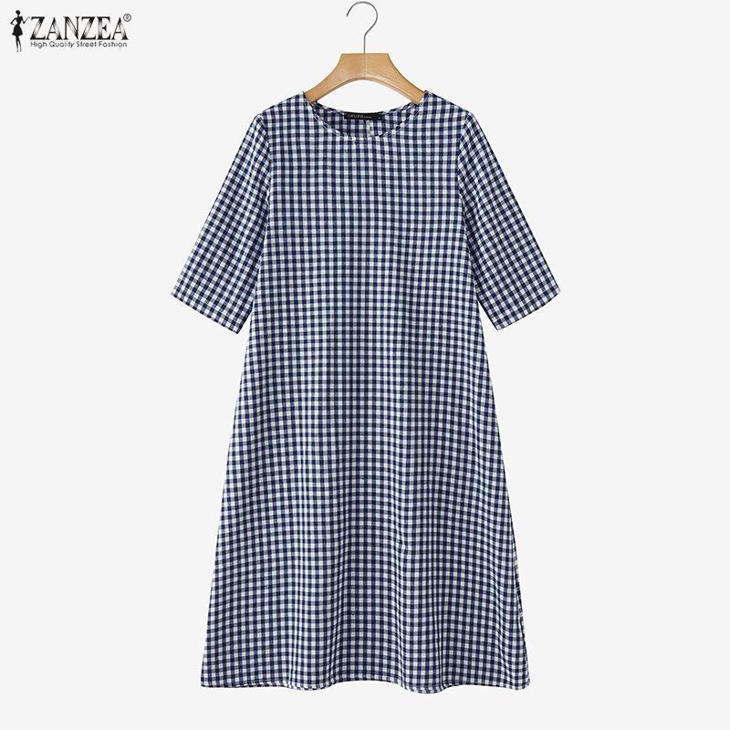 ZANZEA Women Plaid Print Casual Round Neck 3/4 Sleeve Loose Dress