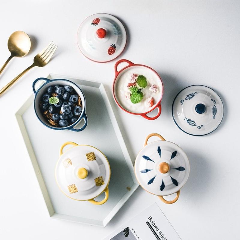 Keramikschüssel Cartoon Doppelohrschüssel mit Deckel Kinder Nahrungsergänzungsschüssel Ramen Schüssel Salat Lebensmittelbehälter Mikrowellenofen Geschirr