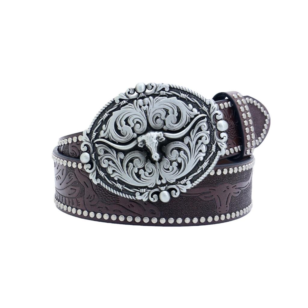 Western Denim Belt Carved Bull Head Vintage Edge Beads Men'S Punk Hip Hop Pu Leather