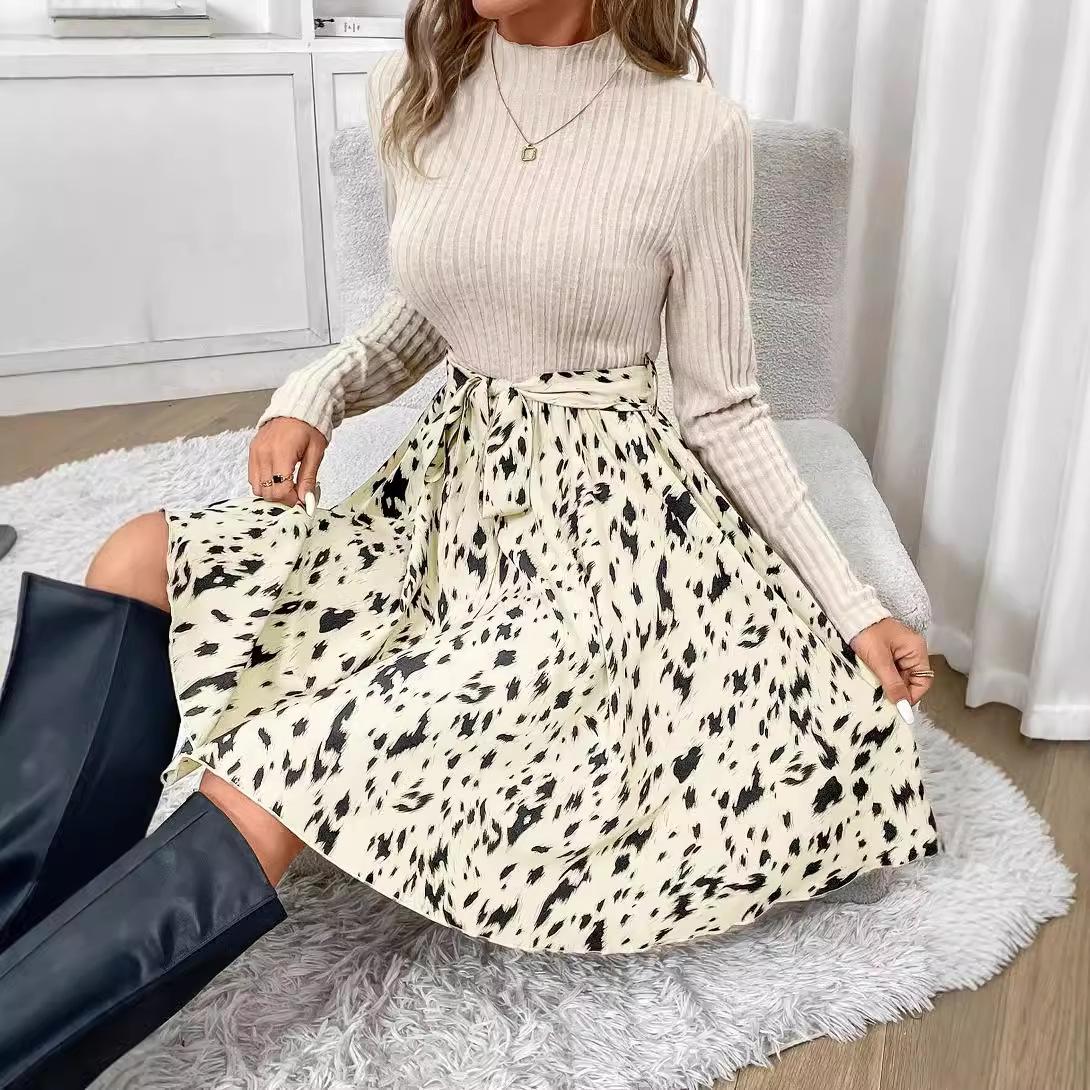 

Shiying Elegant Autumn Long-Sleeved Lace-up Printed Dress M