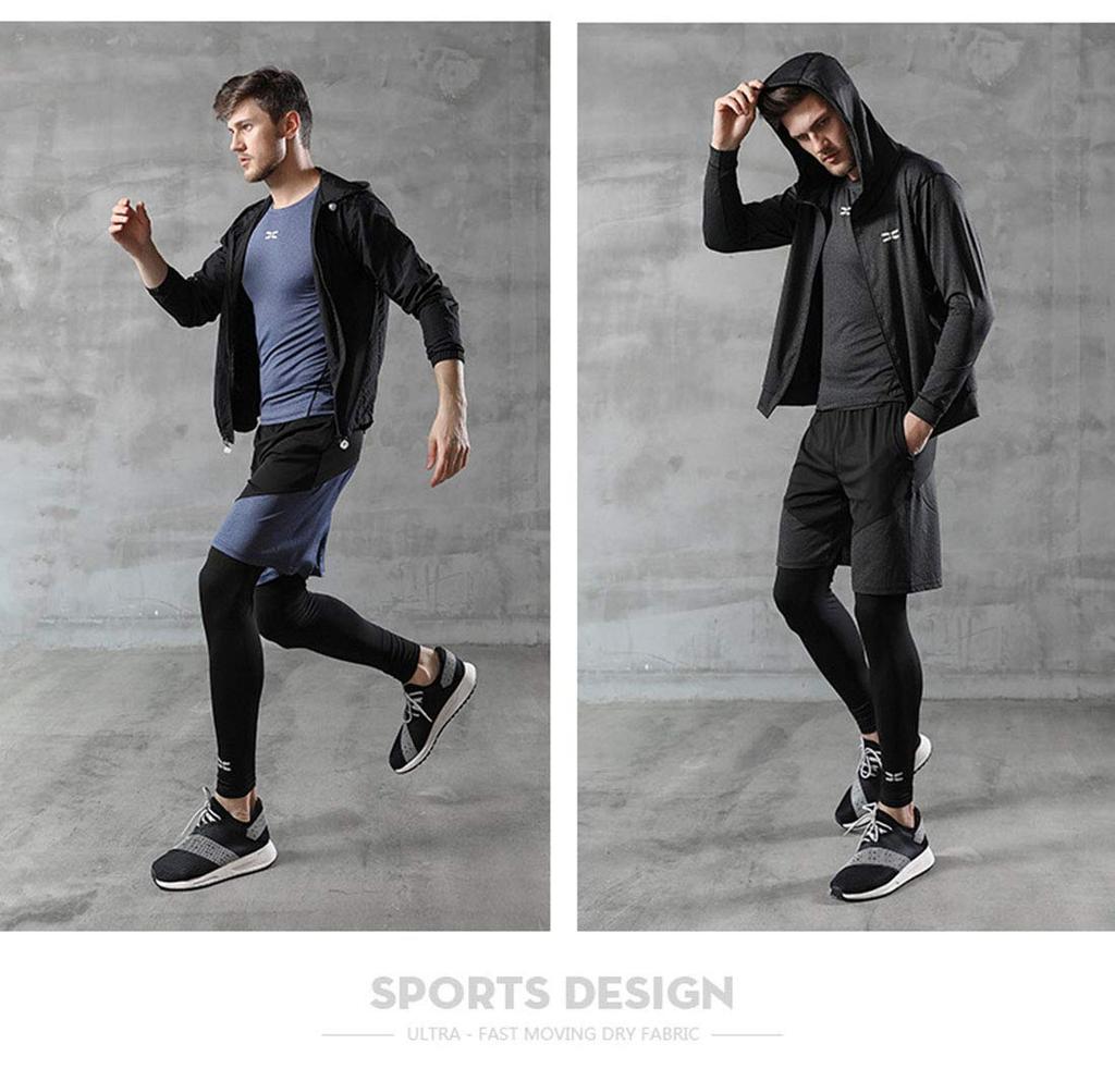 Compression Wear Set Training Wear Set Breathable Sports Running Wear Hoodie Shirt Shirt Half Pants Tights Pinjie Blue S [foveitaa] Men's 5-Piece