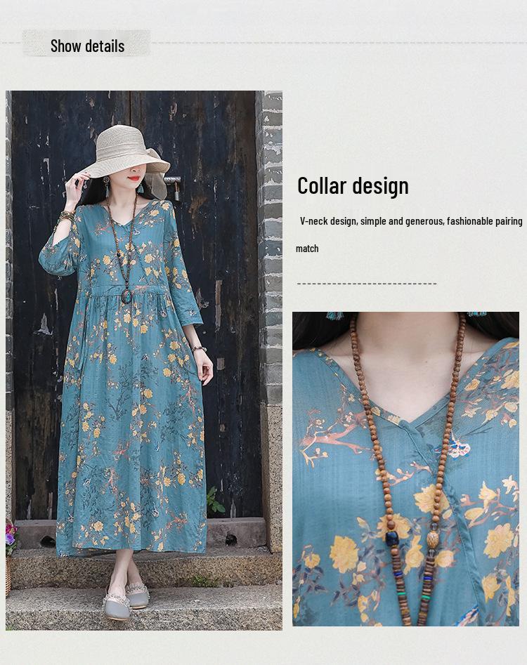 2026 Summer Retro Print Cotton & Linen Long Dress for Women