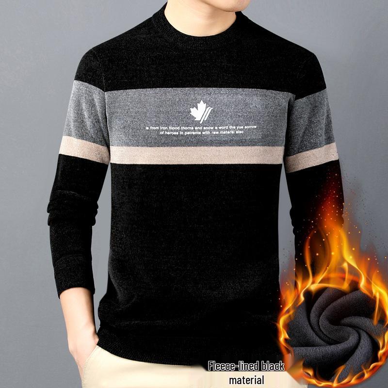 Chenille Velvet Thick Warm Men s Round Neck Hoodie Knit Sweater L чёрный